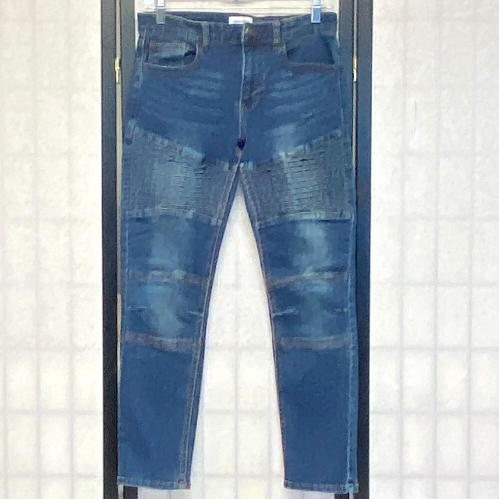 Ring of Fire Swerve Moto Pleated Faded Slim Straight Denim Jeans Medium Wash 16